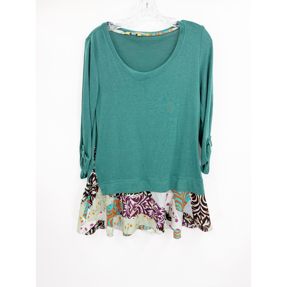 Anthropologie Little Yellow Button Women Teal Mixed Media Layer Floral Top Small